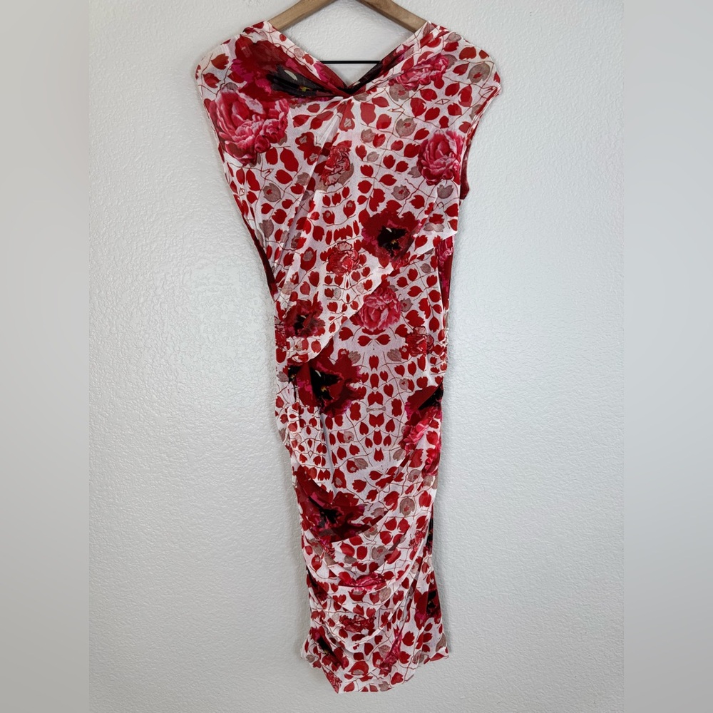 Floral Red Midi Dress - Women's Strapless Bodycon - Picture 6 of 13